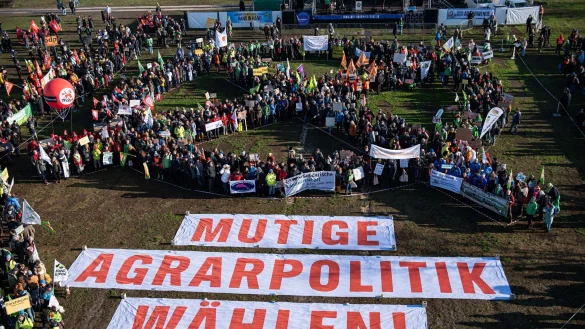 Diesmal durften die Bauern nicht mit Traktoren demonstrieren - dafür gab es große Banner. - © Fabian Sommer/dpa