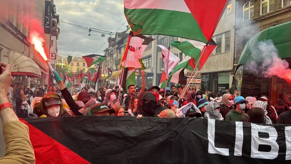 Demonstranten in Basel am ESC-Abend. - © Aleksandra Bakmaz/dpa