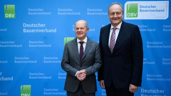Joachim Rukwied (r), Präsident des Deutschen Bauernverbandes, begrüßt Bundeskanzler Olaf Scholz (SPD) beim Festakt zu 75 Jahren Deutscher Bauernverband. - © Bernd von Jutrczenka/dpa
