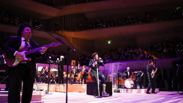 Auftritt mit Kr&uuml;cken: Wincent Weiss in der Elbphilharmonie beim Mini-Festival &laquo;Channel Aid - live in Concert by JBL&raquo;. - &copy; Christian Charisius/dpa