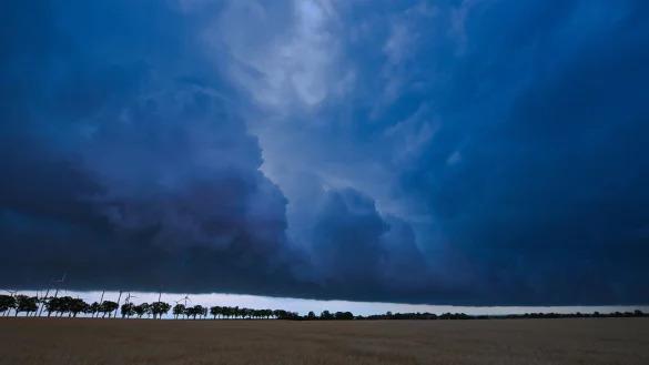 Eine Gewitterzelle zieht mit dunklen Regenwolken &uuml;ber die brandenburgische Landschaft. Der Deutsche Wetterdienst hat die Klima-Bilanz f&uuml;r das Jahr 2022 vorgestellt. - &copy; Patrick Pleul/dpa