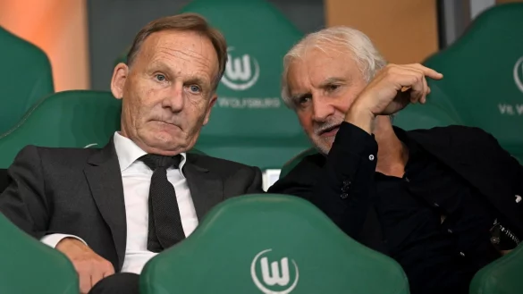 DFB-Sportdirektor Rudi V&ouml;ller sitzt w&auml;hrend des Spiels gegen Japan mit DFB-Vizepr&auml;sident Hans-Joachim Watzke auf der Trib&uuml;ne. - &copy; Julian Stratenschulte/dpa