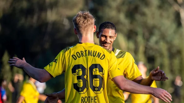 BVB-St&uuml;rmer S&eacute;bastien Haller (r) bejubelt mit Tom Rothe das Tor zum 6:0. - &copy; David Inderlied/dpa