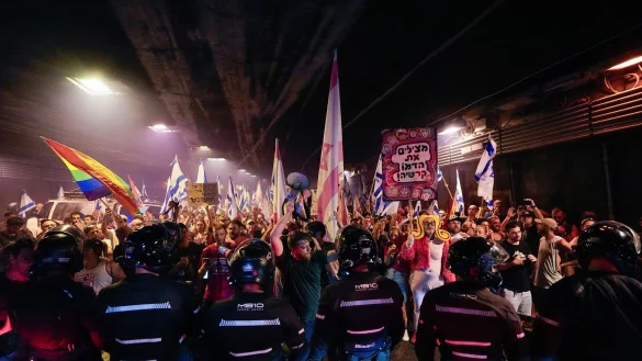 Demonstranten und Polizisten stehen sich in Tel Aviv gegen&uuml;ber. - &copy; Ariel Schalit/AP/dpa