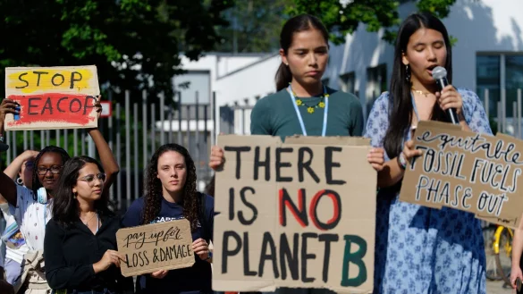 Teilnehmerinnen halten Plakate bei Protesten der Klimaschutzbewegung Fridays for Future. - &copy; Henning Kaiser/dpa