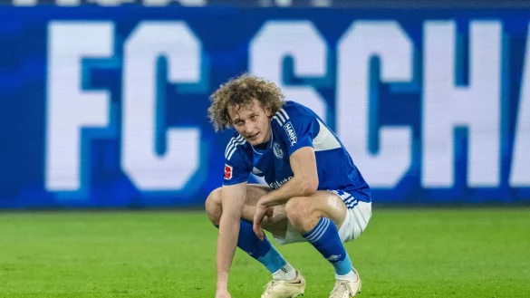 Schalkes Alex Kral kniet nach dem Schlusspfiff auf dem Rasen. - &copy; David Inderlied/dpa/Archivbild