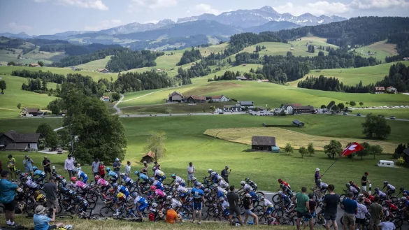 Das Fahrerfeld in Aktion bei Schwellbrunn. - &copy; Gian Ehrenzeller/KEYSTONE/dpa