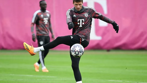 Bayern-Star Thomas M&uuml;ller beim Abschlusstraining. - &copy; Sven Hoppe/dpa