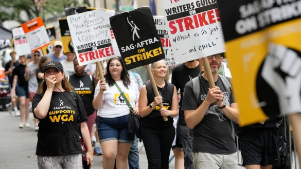 Streikende vor dem NBC-Hauptquartier in New York. - &copy; Charles Sykes/Invision/AP/dpa