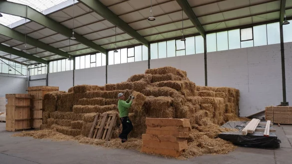 Ein Handwerker holt einen Strohballen als D&auml;mmung f&uuml;r Bauteile eines Geb&auml;udes. In Michelstadt entsteht ein B&uuml;ro- und Betriebsgeb&auml;ude aus Holz und Stroh. - &copy; Oliver Pietschmann/dpa/Produktion
