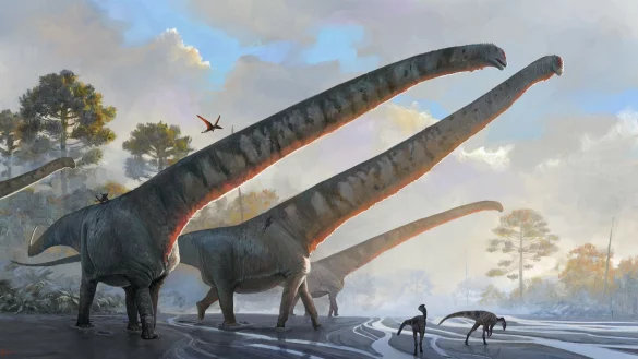 Halsl&auml;nge von mehr als 15 Metern: Die Illustration des Natural History Museums zeigt Vertreter der Art Mamenchisaurus sinocanadorums. - &copy; Julia D Oliveira/ Natural Histor/Natural History Museum via PA Media/dpa