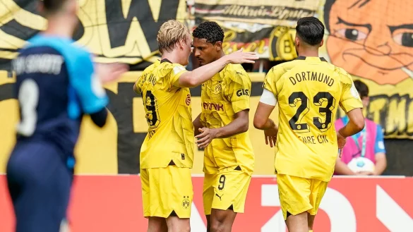 Sie machten die Dortmunder Anspr&uuml;che fr&uuml;h deutlich: die Torsch&uuml;tzen S&eacute;bastien Haller (m) und Julian Brandt (l). - &copy; Uwe Anspach/dpa