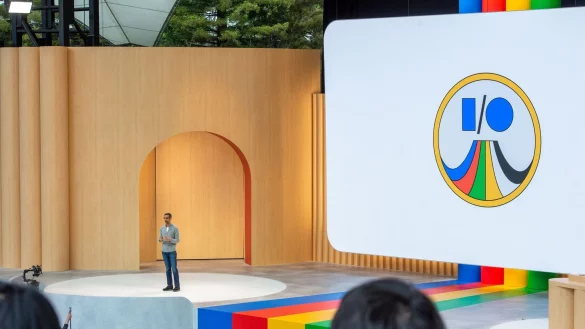 Sundar Pichai, Chef von Google, spricht bei der Entwicklerkonferenz Google I/O. Bei den j&auml;hrlichen Veranstaltungen gibt der Internet-Konzern einen Ausblick auf k&uuml;nftige Produkte. In diesem Jahr steht K&uuml;nstliche Intelligenz im Mittelpunkt. - &copy; Andrej Sokolow/dpa