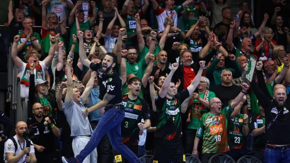 Magdeburgs Trainer Bennet Wiegert und die Fans jubeln nach dem Einzug ins Final Four der Champions League. - &copy; Ronny Hartmann/dpa-Zentralbild/dpa