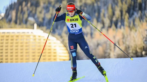 Katharina Hennig aus Deutschland in Aktion - sie f&uuml;hlt f&uuml;r russische Sportler, sagt aber auch: &laquo;An der Kriegssituation hat sich nichts ge&auml;ndert.&raquo; - &copy; Gian Ehrenzeller/Keystone/dpa