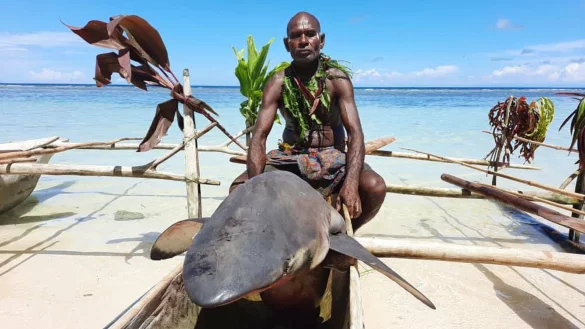 Ein Mann sitzt beim &laquo;Shark Calling Festival&raquo; auf einem erlegten Hai. - &copy; Christina Steiner/Godfree Abage/Shark Calling Festival/dpa