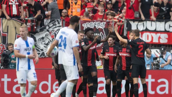 Leverkusens Spieler jubeln &uuml;ber das Tor zum 5:1. - &copy; Bernd Thissen/dpa