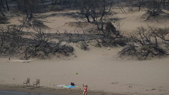Hinten die verbrannte Vegetation, vorn das Mittelmeer. Ein Strand bei Gennadi auf Rhodos. - &copy; Petros Giannakouris/AP