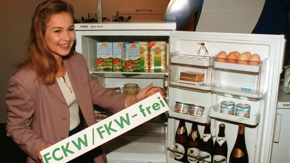 Im Februar 1993 in K&ouml;ln wurde der erste FCKW/FKW-freie K&uuml;hlschrank pr&auml;sentiert. - &copy; Hartmut Reeh/dpa/Archiv