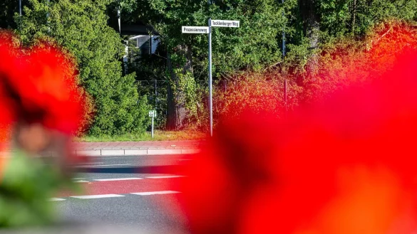 Zwei Stra&szlig;enschilder stehen an der Ecke des Tatortes in Harsewinkel. - &copy; Guido Kirchner/dpa