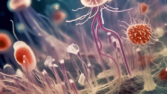 Nicht Tier, nicht Pflanze wie wir sie heute kennen: Die k&uuml;nstlerische Darstellung einer Ansammlung urspr&uuml;nglicher eukaryotischer Organismen der &laquo;Protosterol Biota&raquo;, die eine mikrobielle Matte auf dem Meeresboden besiedeln. - &copy; Orchestrated in MidJourney by TA 2023/dpa