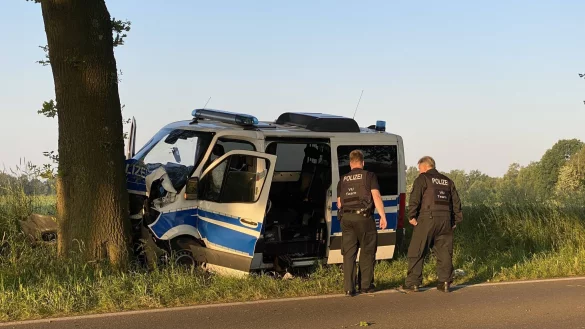Ein Polizeiwagen ist gegen einen Baum gefahren. - &copy; Marc Gruber/7aktuell.de/dpa