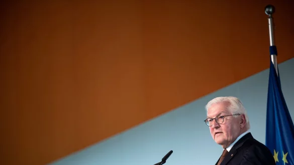 Bundespr&auml;sident Frank-Walter Steinmeier spricht zu den G&auml;sten. - &copy; Fabian Strauch/dpa