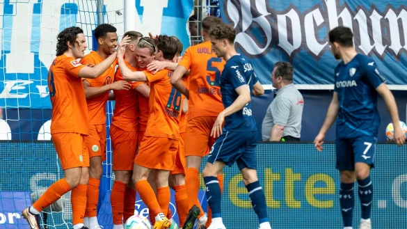 Die Wolfsburger Spieler jubeln nach dem Tor zum 0:1. - &copy; David Inderlied/dpa