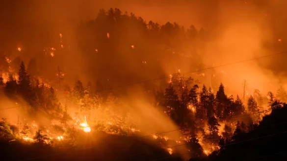 Bewaldete H&auml;nge brennen im Unterland der Gemeinden Bitsch und Ried-Moerel unter dem Schloss Stockalper in Brig. - &copy; Jean-Christophe Bott/Keystone/dpa