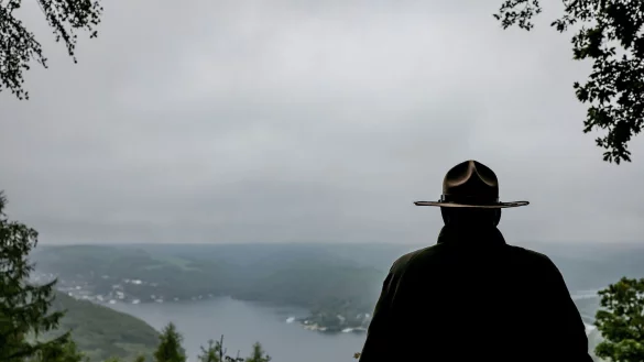 Ein Ranger steht im Nationalpark Eifel oberhalb des Urftsees an einer Lichtung. - &copy; Oliver Berg/dpa