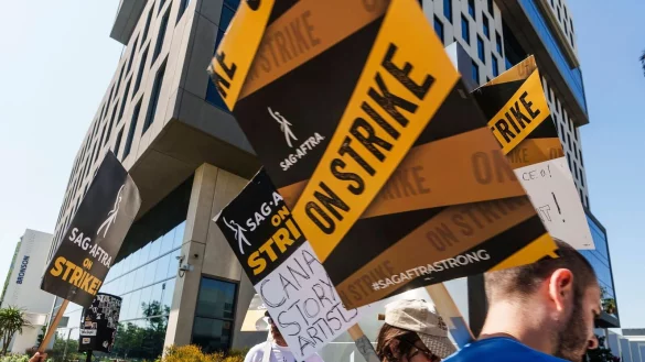 Schauspielerinnen und Schauspieler demonstrieren vor den Netflix-Studios in Los Angeles. - &copy; Damian Dovarganes/AP