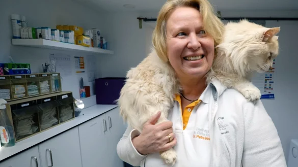 Die Tier&auml;rztin Petra Kracher hat in ihrer Praxis in M&uuml;nchen eine Katze auf der Schulter. - &copy; Niko Karasek/Spiegel TV/dpa