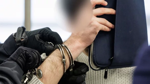 Einer der Angeklagten wird von Justizbeamten in Handschellen in den Gerichtssaal des Oberlandesgerichts Dresden geführt. - © Jens Schlueter/POOL AFP/dpa