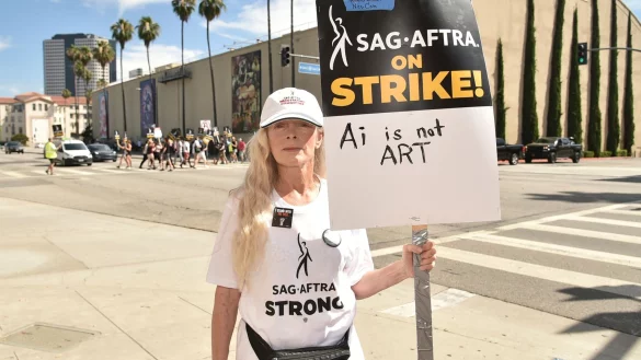 Die britisch-amerikanische Theater- und Filmschauspielerin Frances Fisher steht mit einem Streikschild vor den Warner Bros. Studios. - &copy; Richard Shotwell/Invision/AP/dpa