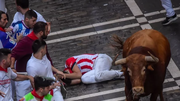 Ein Kampfstier l&auml;uft am dritten Tag des Stiertreibens w&auml;hrend des &laquo;Sanfermines&raquo;-Fest zwischen den Menschen umher. - &copy; Alvaro Barrientos/AP