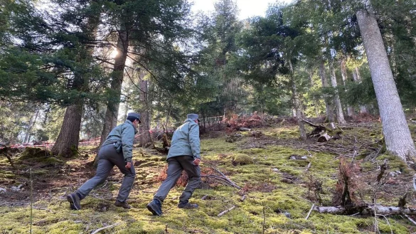 Polizeibeamte im Wald im norditalienischen Caldes, wo ein Jogger von einem B&auml;ren angegriffen und get&ouml;tet worden ist. - &copy; -/Provinzregierung Trentino/dpa