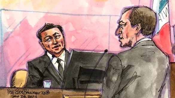 Auf dieser Gerichtssaal-Skizze ist der Unternehmer Elon Musk (l) mit Aktionärsanwalt Nicholas Porritt im Bundesgericht in San Francisco zu sehen. - © Vicki Behringer/AP/dpa