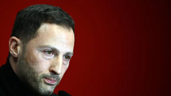 Belgiens Trainer Domenico Tedesco beantwortet Fragen von Journalisten. - &copy; Federico Gambarini/dpa