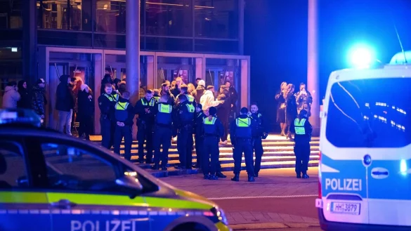 Polizisten bei einem Einsatz vor einem Kino in Hamburg. - &copy; Jonas Walzberg/dpa