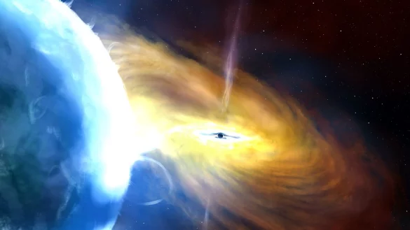 Die von der Universit&auml;t von Southampton herausgegebene Illustration zeigt eine k&uuml;nstlerische Darstellung der gravitationsbedingten Massenzunahme durch Aufsammeln von Materie eines Schwarzen Lochs. - &copy; John A. Paice/www.johnapaice.com/University of Southampton/dpa