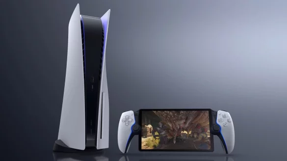 So sieht Project Q aus: Das Handheld (r) mit acht Zoll gro&szlig;em Full-HD-Display streamt die Spiele von der Playstation 5 (l). - &copy; Sony/youtube.com/dpa-tmn