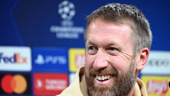helseas Trainer Graham Potter beantwortet Fragen w&auml;hrend der Pressekonferenz vor dem Champions League gegen Borussia Dortmund. - &copy; Federico Gambarini/dpa