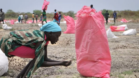 Der t&auml;gliche Kampf gegen den Hunger: Eine Frau im S&uuml;ds&uuml;dan sammelt Hirse vom Boden auf, die in S&auml;cken &uuml;ber der Stadt abgeworfen wurden. - &copy; Sam Mednick/AP/dpa
