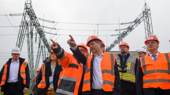 Klimaschutzminister Robert Habeck (M) mit Mitarbeitern von 50 Hertz und Medienvertretern im Umspannwerk Wolmirstedt. - &copy; Klaus-Dietmar Gabbert/dpa