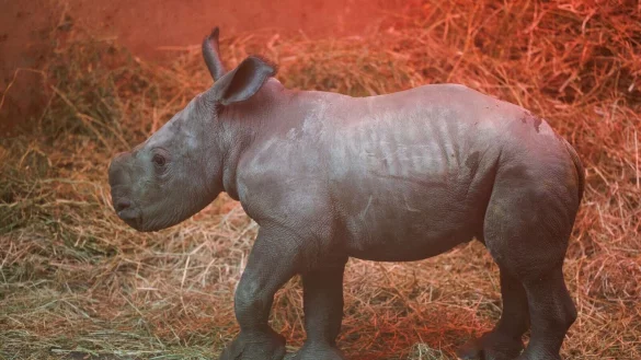 Das Nashorn-Jungtier Lisbeth, das am 19.02.2023 von Muttertier Amalie geboren wurde. - &copy; Friso Gentsch/dpa
