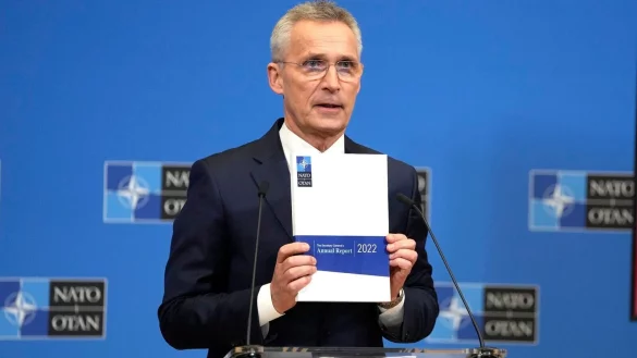 Nato-Generalsekret&auml;r Jens Stoltenberg pr&auml;sentiert den aktuellen Jahresbericht des Verteidigungsb&uuml;ndnisses. - &copy; Virginia Mayo/AP