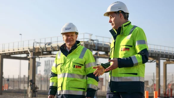 Bundeskanzler Olaf Scholz (l) und der belgische Ministerpr&auml;sident Alexander De Croo besuchen das Fluxys-Gasterminal im Hafen von Br&uuml;gge. - &copy; Yves Herman/Reuters Pool via AP/dpa