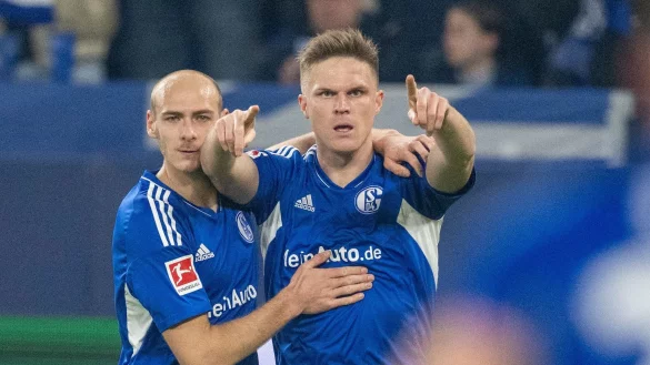 Schalkes Henning Matriciani (l) und Torsch&uuml;tze Marius B&uuml;lter jubeln nach dem Tor zum 2:0. - &copy; David Inderlied/dpa/Archivbild
