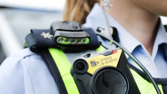 Eine Polizistin der Streifenpolizei f&uuml;hrt eine Bodycam vor. - &copy; Oliver Berg/dpa/Archivbild