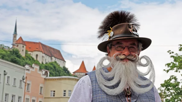 Ein Teilnehmer zeigt sich vor der Kulisse der Burg. - &copy; Uwe Lein/dpa